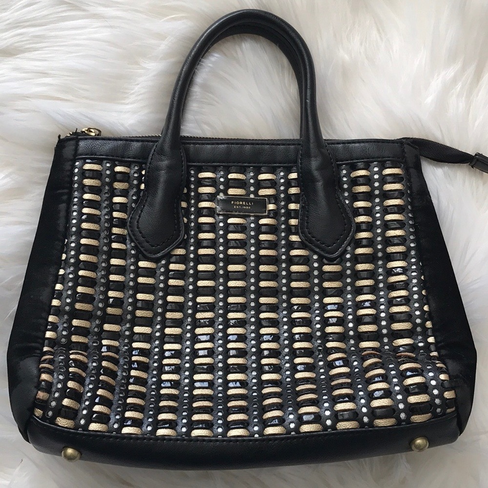 Fiorelli Gold Basket Weave Black Leather Satchel